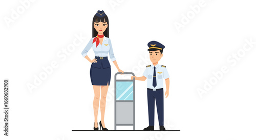 Stylish Airline Crew Posing with a Luggage Cart for Promotional Graphic