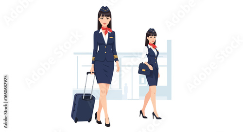 Stylish Airline Stewardesses in Classic Uniforms at the Airport Terminal