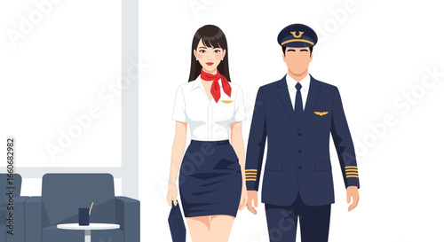 Stylish pilot and stewardess in professional attire, airline crew teamwork