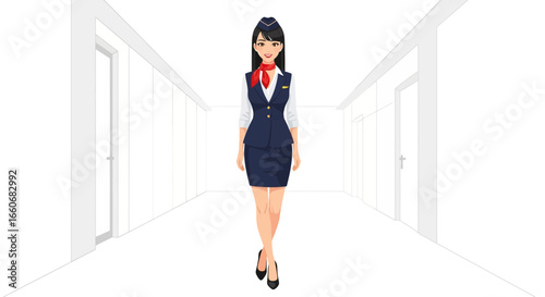 Stylish stewardess in classic uniform poses inside minimalist airport corridor