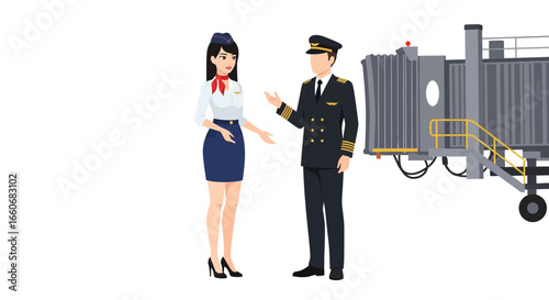 Vector illustration featuring pilot and flight attendant discussing near jet bridge