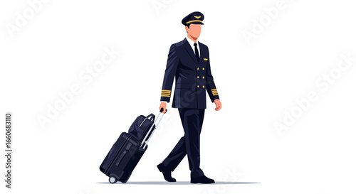 Vector illustration of an airline pilot pulling his luggage on white background
