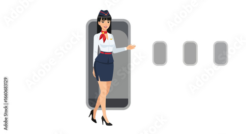 Welcoming Air Hostess Gesture Inviting Passengers to Board the Plane