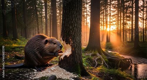 A beaver gnawing on a tree trunk in a forest at sunset with a stream and many trees visible