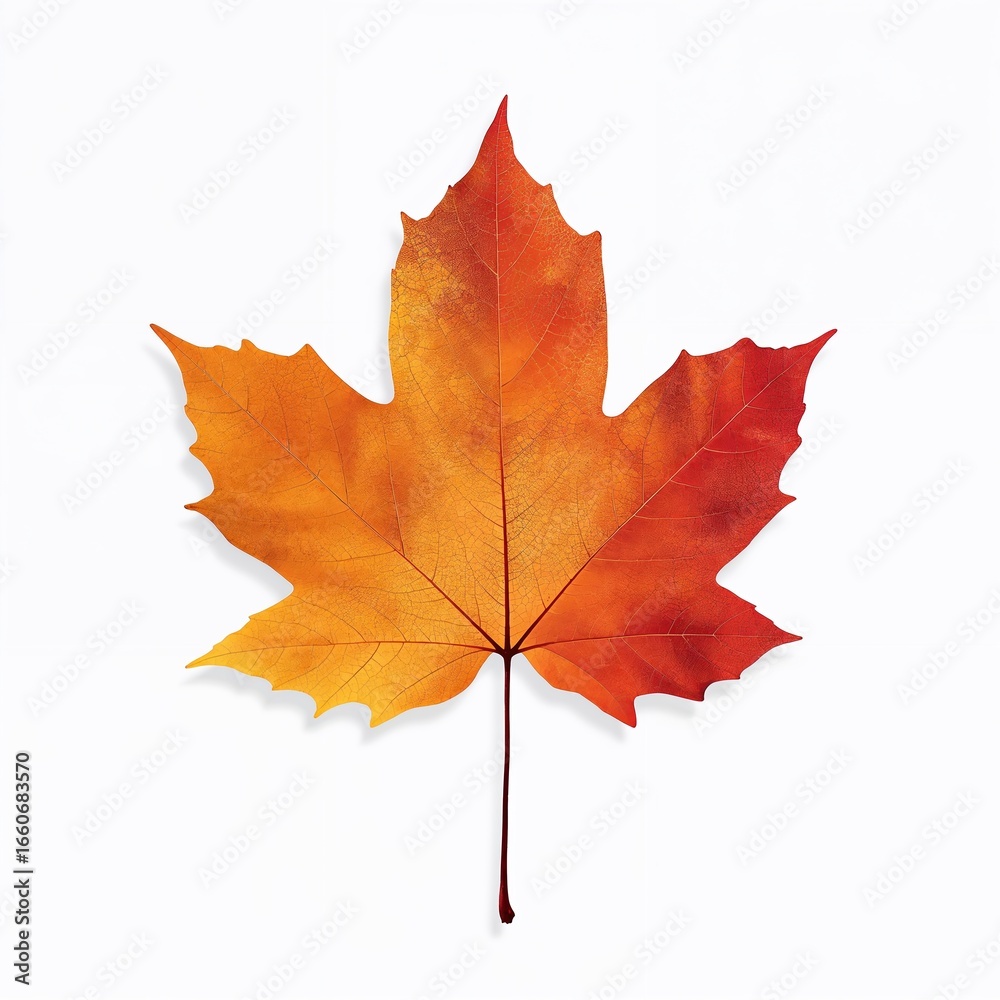 Obraz premium Vibrant orange and red maple leaf isolated on white background symbolizing autumn season