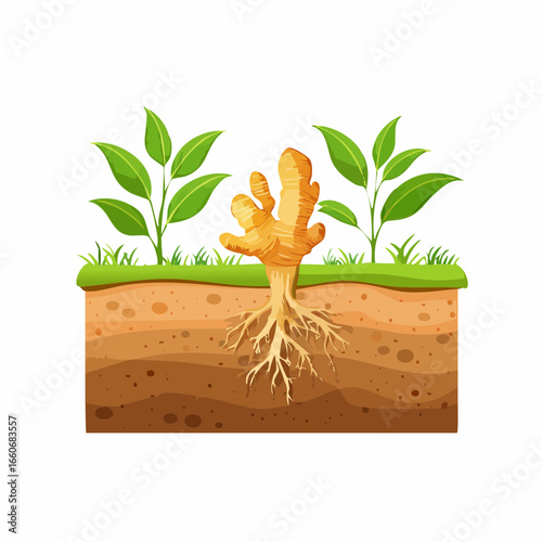 Ginger Plant Root System Illustration Showing Growth Stages in Soil