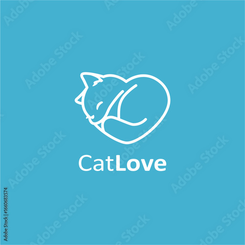 Cat Love Logo Design – Cute Sleeping Cat in Heart Shape Symbol for Pet Branding