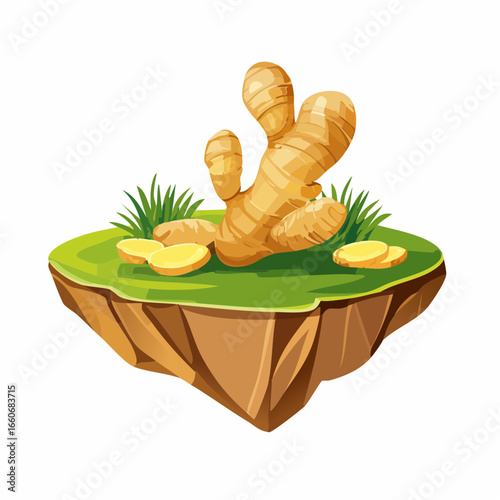 Vibrant Ginger Root Illustration on a Green Island