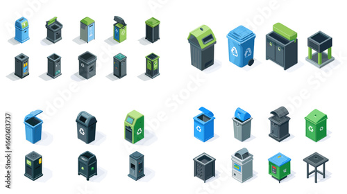 Isometric vector illustration set of trash bins and recycling containers in different styles. Perfect for eco, waste management, or environmental awareness design concepts.