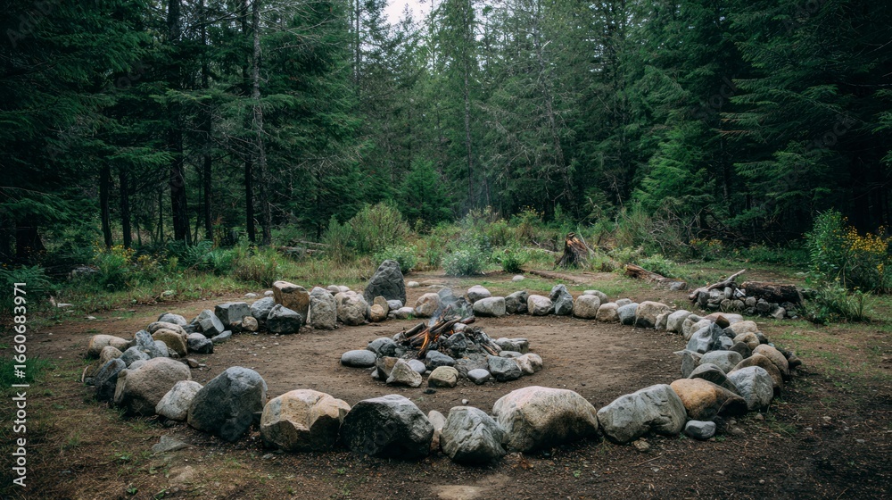 Fototapeta premium Forest campfire circle of rocks
