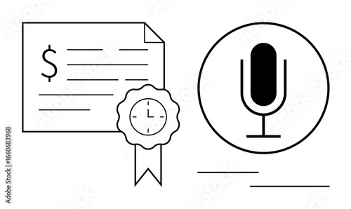 Microphone with certificate featuring dollar sign, clock-seal, ribbon. Ideal for podcast, certification, media, presentation, freelancing, professional branding and simple landing page