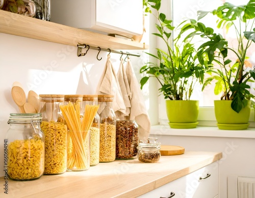 Cuadro en lienzo Bright kitchen pantry organized with glass jars of pasta grains and fresh green