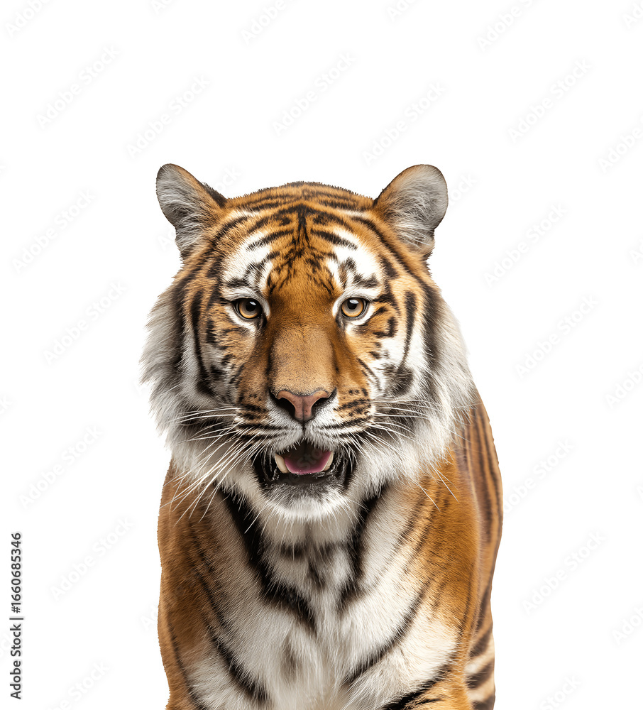 Fototapeta premium Cheerful tiger facing the camera in a half-body pose, showcasing its expressive and friendly demeanor