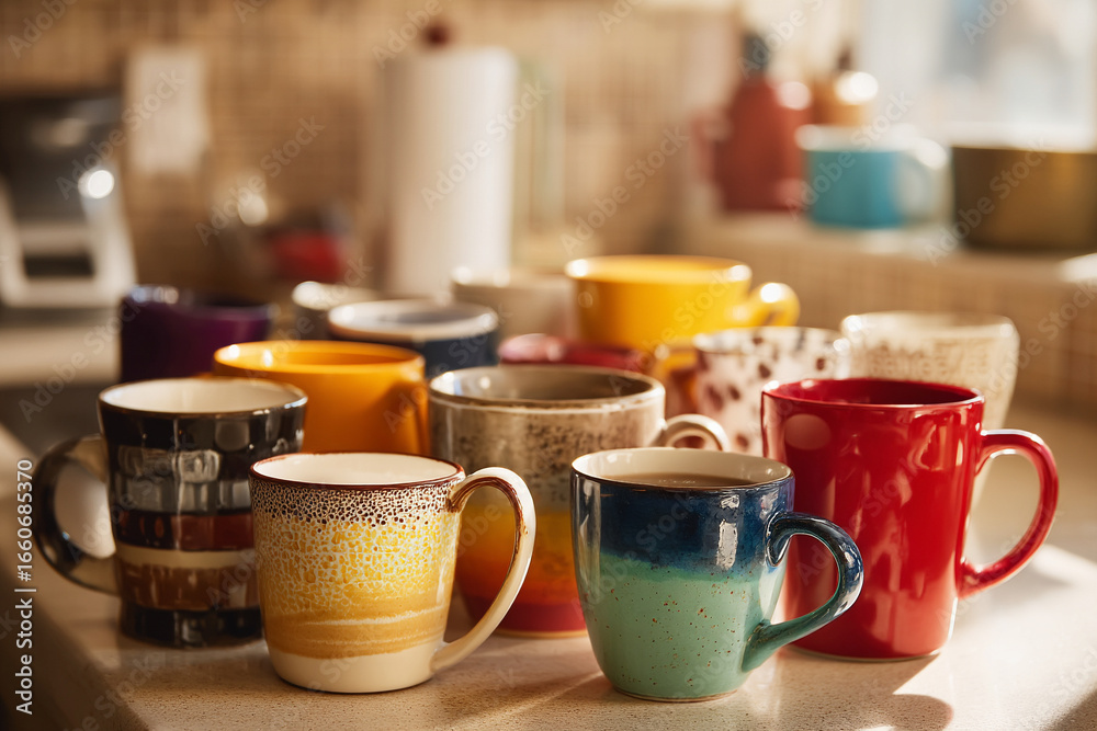 Fototapeta premium A collection of mismatched coffee mugs on a kitchen counter, suggesting a cozy morning gathering of various family members.