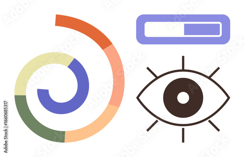 Circular progress chart, an open eye with radiating lines, and horizontal loading bar. Ideal for vision, analytics, progress, monitoring, insight, data visualization simple flat metaphor