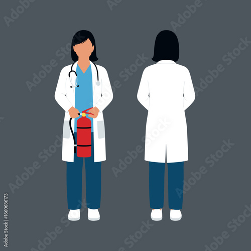 Female doctor in a lab coat and scrubs holding a fire extinguisher. Front and back view of a healthcare worker for safety concepts.