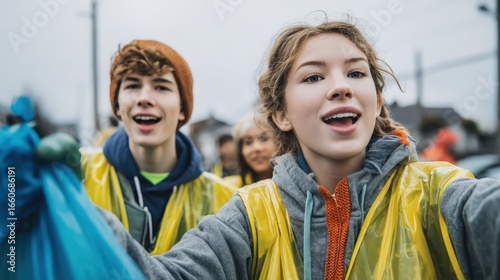 Enthusiastic young volunteers, a girl and boy in front, wear raincoats and collect trash for a community cleanup, looking happy and engaged