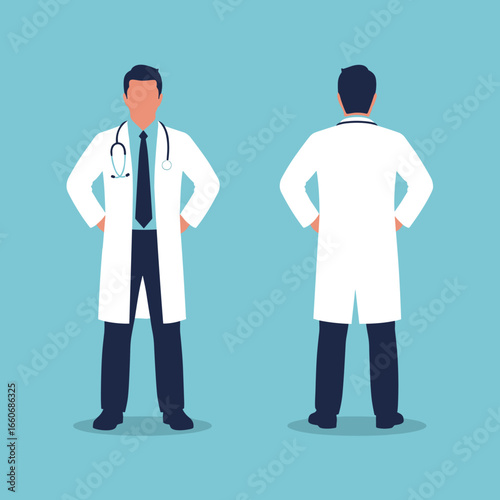 Male doctor in a white lab coat with a stethoscope. Front and back view of a medical professional. Flat vector illustration.
