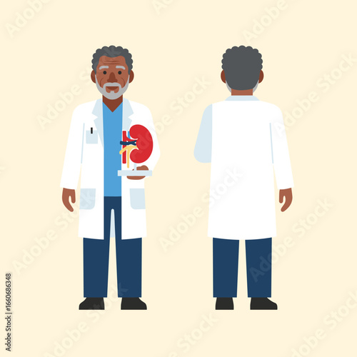 Senior African American male nephrologist with an anatomical kidney model. Medical character illustration with front and back views.