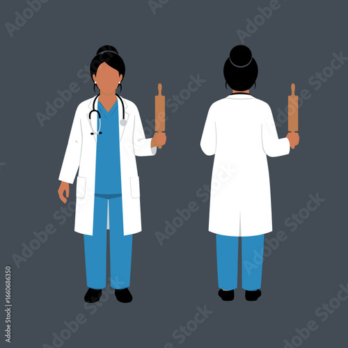Female doctor in scrubs and lab coat holding a rolling pin. Front and back view of a physician balancing career and hobby.