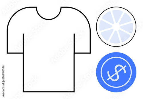 T-shirt outline, citrus slice circle, dollar coin icon in blue. Ideal for fashion, customization, design, e-commerce, branding, marketing creativity economic ideas in simple flat metaphor