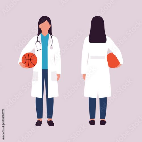 Female doctor holding a basketball, front and back view. Sports medicine physician character illustration.