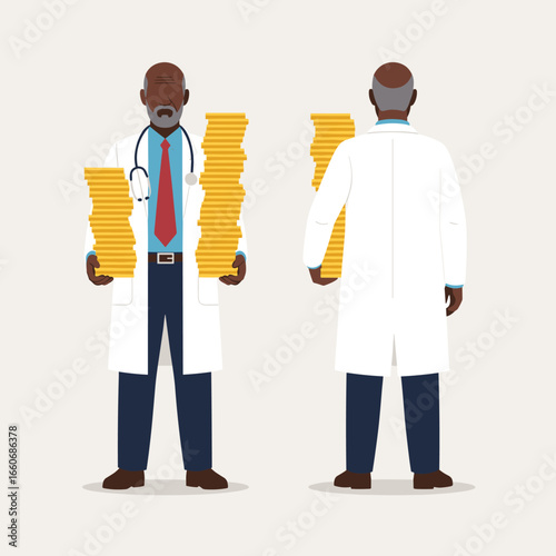 Elderly Black male doctor holding large stacks of gold coins. Front and back view illustration representing healthcare costs, medical salary, and wealth.