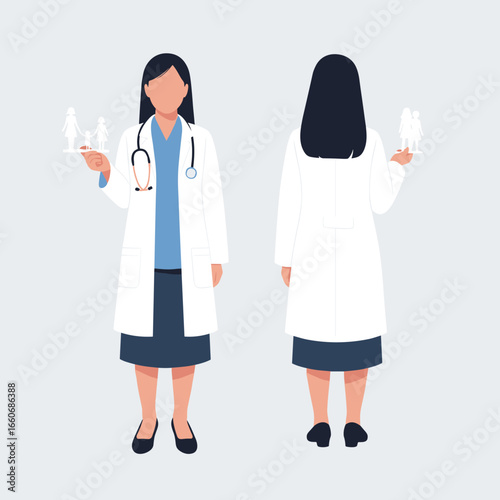 Woman doctor in a white coat with a stethoscope. Front and back view of a physician holding a family icon. Healthcare and medicine concept.