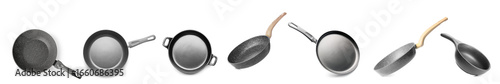 Photos Set of frying pans on white background