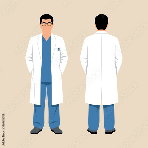 Male Doctor in White Lab Coat and Scrubs. Front and Back View of a Medical Professional. Healthcare Worker Vector Illustration.
