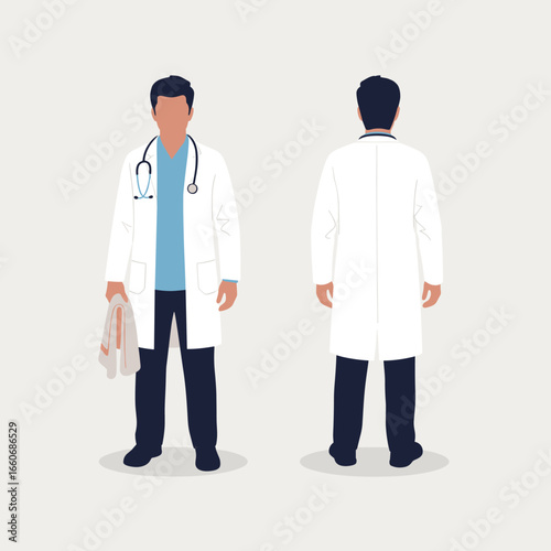 Young male doctor standing in a lab coat with a stethoscope. Front and back view of a medical professional. Flat design character illustration.