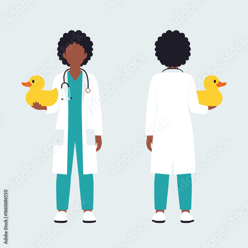 Front and back view of a Black female pediatrician holding a yellow rubber duck. Medical professional character design.