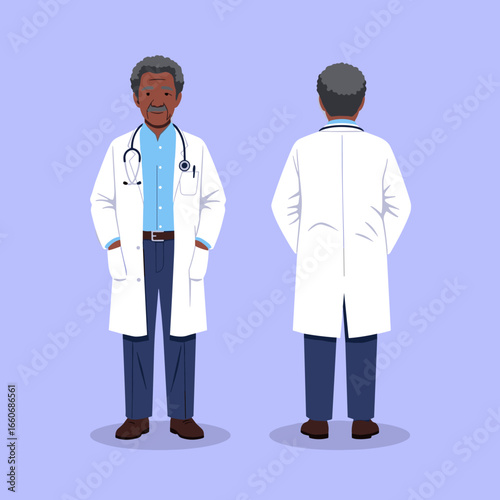 Elderly Black Male Doctor Character Front and Back View. Senior African American Physician in Lab Coat with Stethoscope. Medical Professional Vector Illustration.