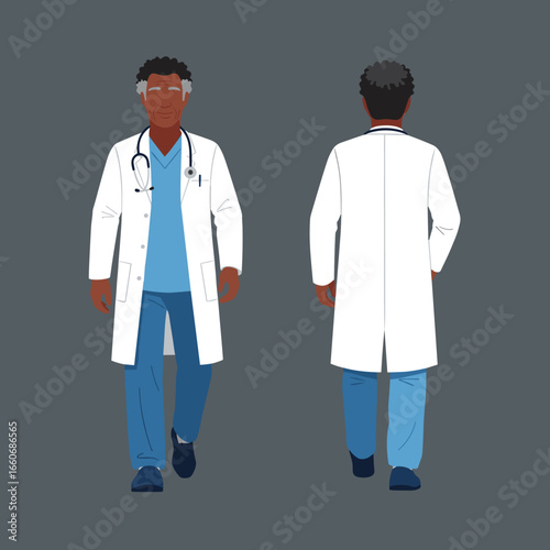 Senior African American male doctor walking in scrubs and a lab coat. Front and back view of a medical professional. Vector character illustration.