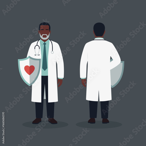 Middle-aged Black doctor in a lab coat holding a heart shield for healthcare and insurance concepts. Front and back view illustration.