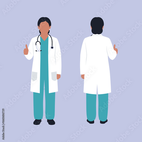 Indian female doctor in uniform with stethoscope giving a thumbs up. Front and back view of a healthcare worker.
