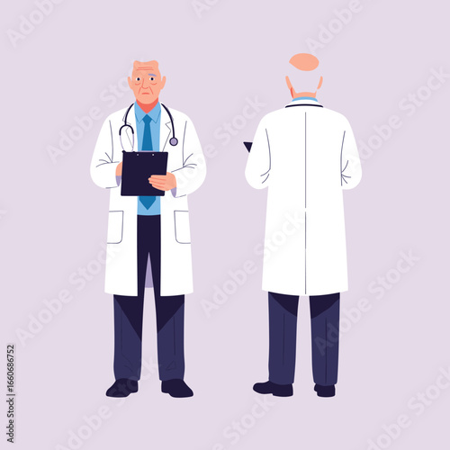 Vector illustration of an elderly male doctor. Front and back view of a senior physician in a lab coat with a stethoscope and clipboard.