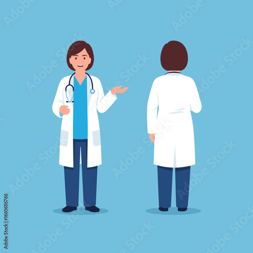 Young female doctor in a lab coat and scrubs with a stethoscope. Front and back view of a medical worker character. Vector illustration.