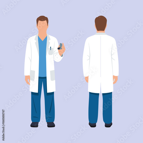 Male doctor in a lab coat and scrubs holding an asthma inhaler. Front and back view of a physician character. Vector illustration.