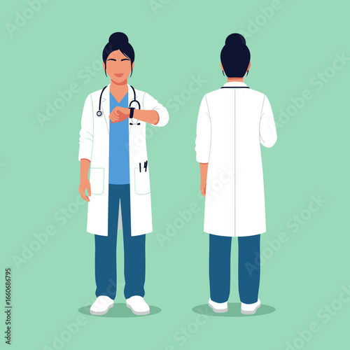 Woman doctor in a white coat and scrubs, shown from the front and back. Medical professional checking her smartwatch. Healthcare vector character.