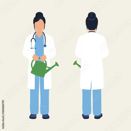 Female doctor in scrubs and lab coat holding a watering can. Front and back view illustration representing healthcare, growth, and nurturing.
