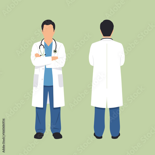 Male doctor character in a white lab coat and scrubs. Front and back view of a physician with a stethoscope. Vector illustration for healthcare and medicine.