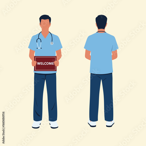 Young male doctor or nurse in scrubs with a stethoscope, holding a welcome sign. Front and back view of a medical worker character.