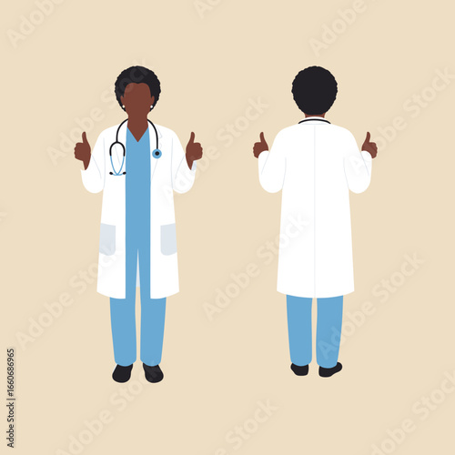 Black female doctor character from front and back view. African American medical professional in a lab coat giving a thumbs up gesture.