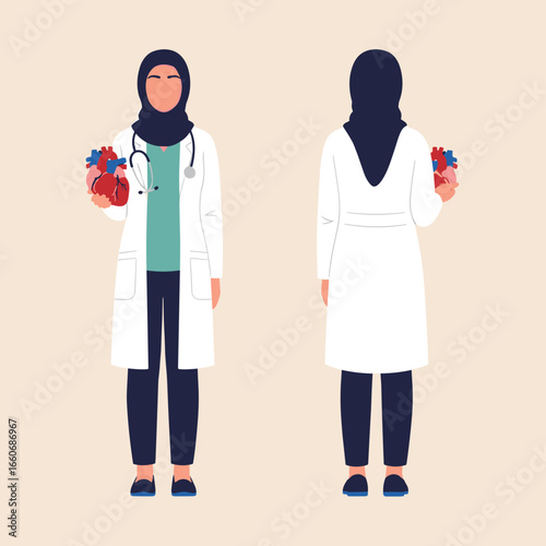 Muslim female doctor in hijab holding a human heart. Front and back view of a cardiologist. Flat vector illustration.