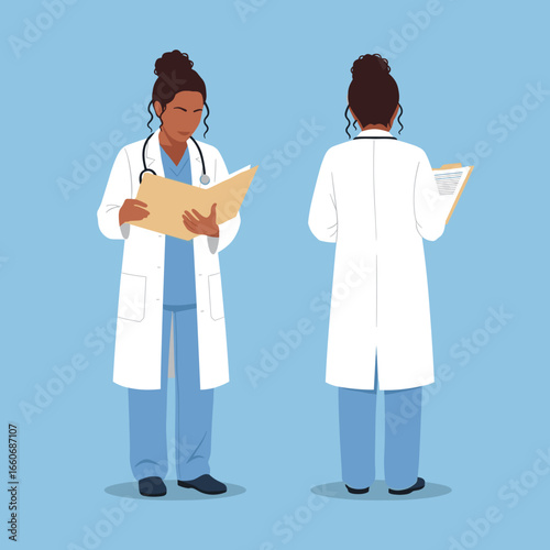 Black female doctor in scrubs and lab coat reading a patient chart. Front and back view of a medical professional. Healthcare vector illustration.