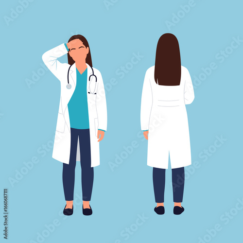 Tired female doctor character in lab coat and stethoscope. Front and back view of a stressed medical professional vector illustration.