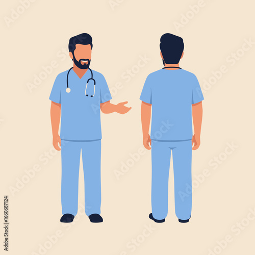 Young bearded male doctor in uniform with a stethoscope. Front and back view of a healthcare worker character.