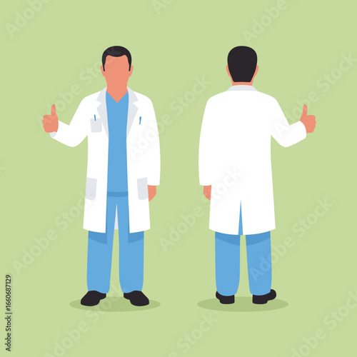 Vector illustration of a male medical professional in uniform. Doctor showing thumbs up gesture from front and rear view.