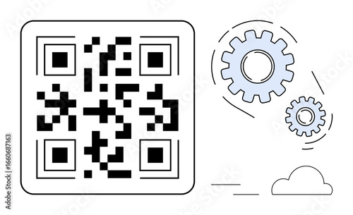 QR code alongside interconnected gears symbolizing digital innovation, tech efficiency, and system optimization. Ideal for technology, automation, innovation, processes, connectivity, branding